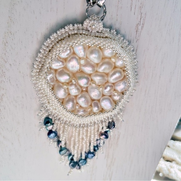 DANLENA Long Beaded Pearl Silver Necklace Earring Set Leather Handmade N… - Picture 3 of 7